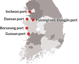 Incheon port / Daesan port / Pyeongtaek, Dangjin port / Boryeong port / Gunsan port